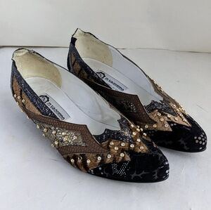 El Vaquero Vintage 80s Black Brown Western Point Toe Shoes Unique RARE Sz 36.5